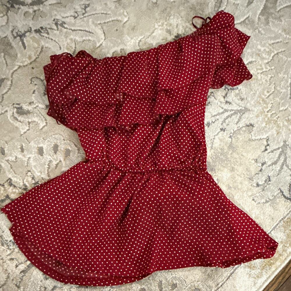 Maeve by Anthropologie Red White Polka Dot Off Shoulder Smocked Ruffle Mini S